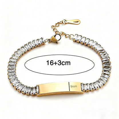 Dimension chart for gold stainless steel engraved bar zircon bracelet with standard 16+3cm length