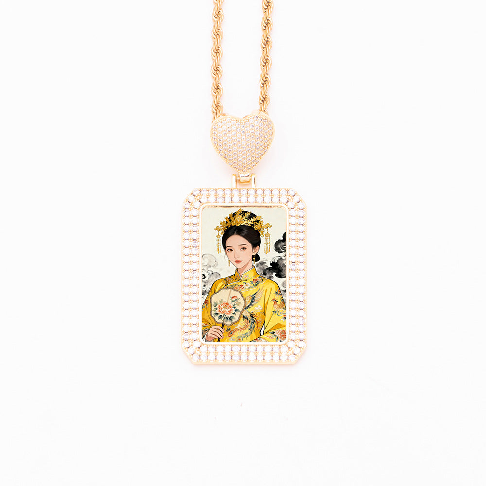 Gold heart bail rectangular dog tag photo pendant, personalized custom portrait necklace with full zirconia encrusted frame