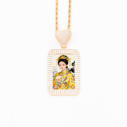 Gold heart bail rectangular dog tag photo pendant, personalized custom portrait necklace with full zirconia encrusted frame