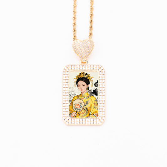 Gold heart bail rectangular dog tag photo pendant, personalized custom portrait necklace with full zirconia encrusted frame