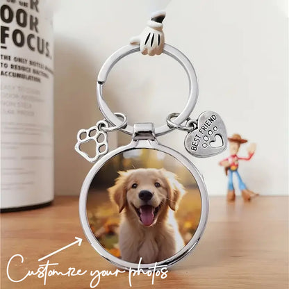 Lifestyle shot of personalized golden retriever photo keychain custom pet picture key ring for dog lovers