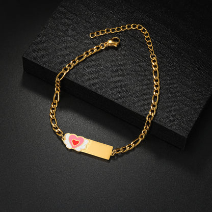 Gradient pink heart enamel charm custom engraved gold name bar bracelet, sentimental personalized gift for her