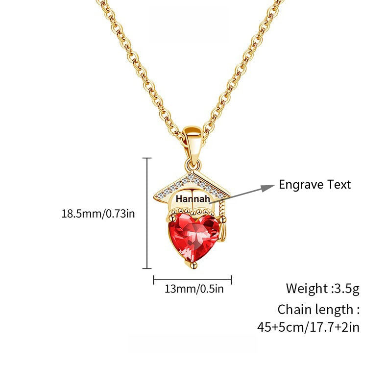 Dimension and structural marking diagram for brass engraved graduation cap necklace with heart birthstone zircon