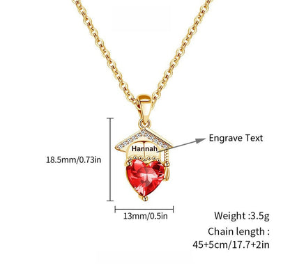 Dimension and structural marking diagram for brass engraved graduation cap necklace with heart birthstone zircon