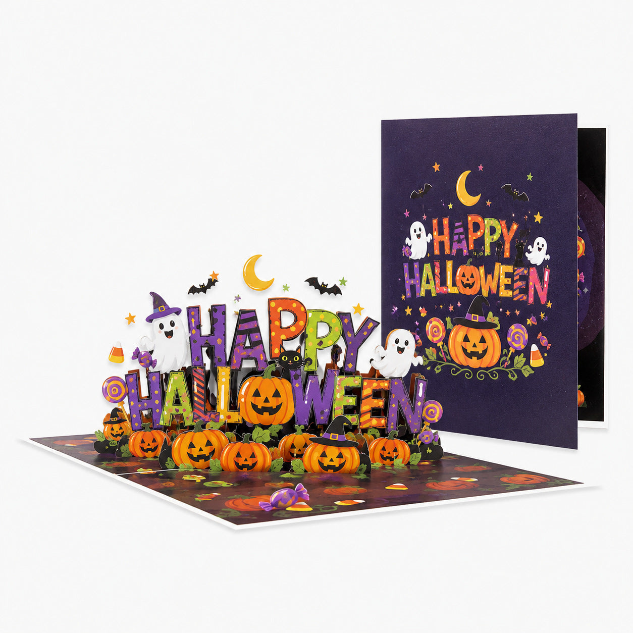 Purple Happy Halloween 3D pop up greeting card, popup pumpkin ghost witch scene, Halloween gift card set