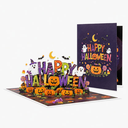 Purple Happy Halloween 3D pop up greeting card, popup pumpkin ghost witch scene, Halloween gift card set