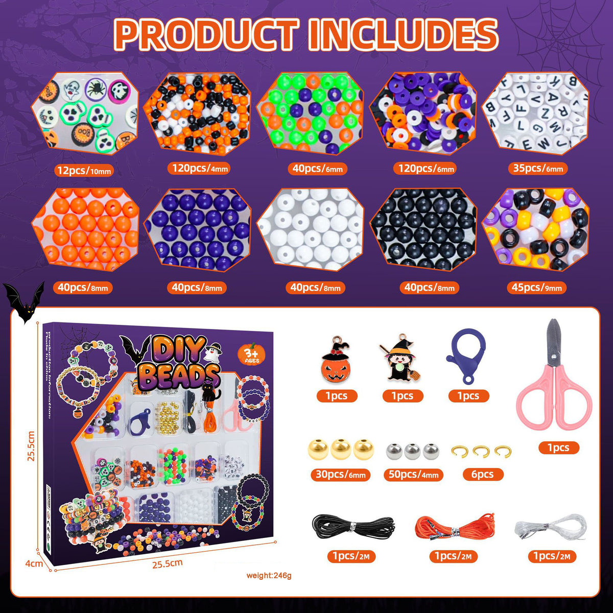 Halloween DIY bead jewelry kit product includes chart showing resin beads, charms and all included craft supplies