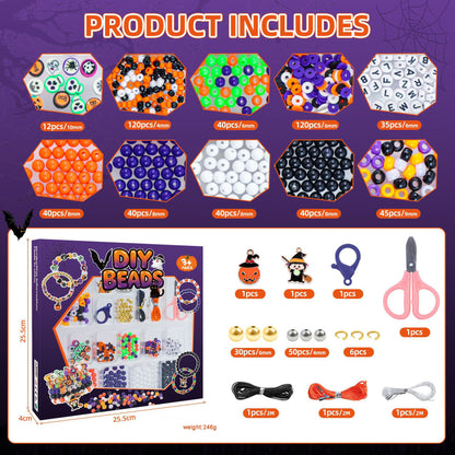 Halloween DIY bead jewelry kit product includes chart showing resin beads, charms and all included craft supplies