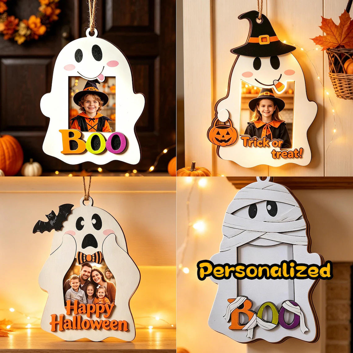 Cute Boo ghost wooden photo frame hanging ornament