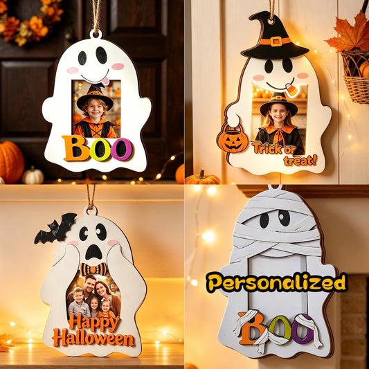 Cute Boo ghost wooden photo frame hanging ornament