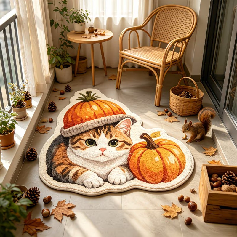 Cartoon cat pumpkin shaped plush rug, fall harvest home decor mat with faux cashmere surface