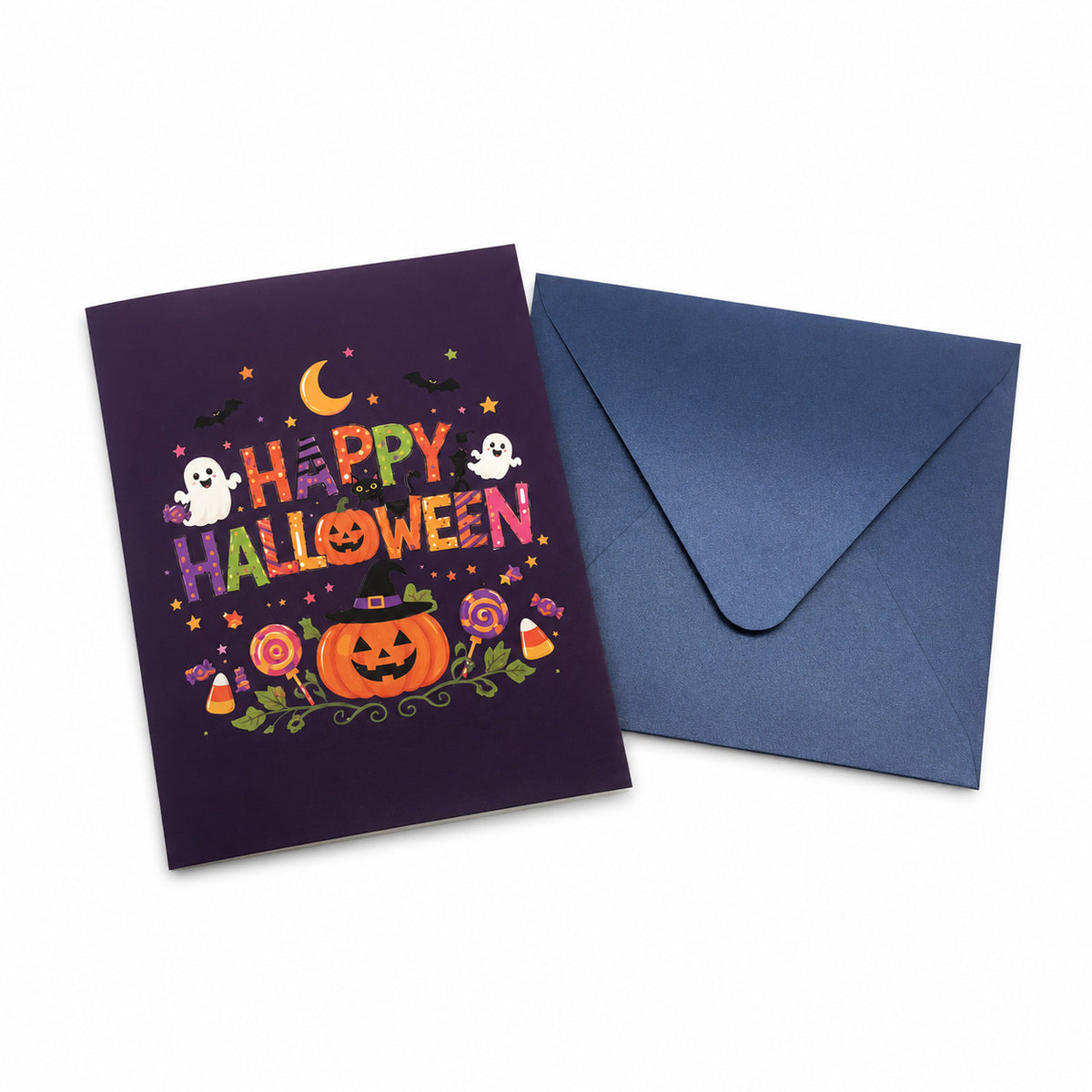 Closed Halloween pop up card paired with blue envelope