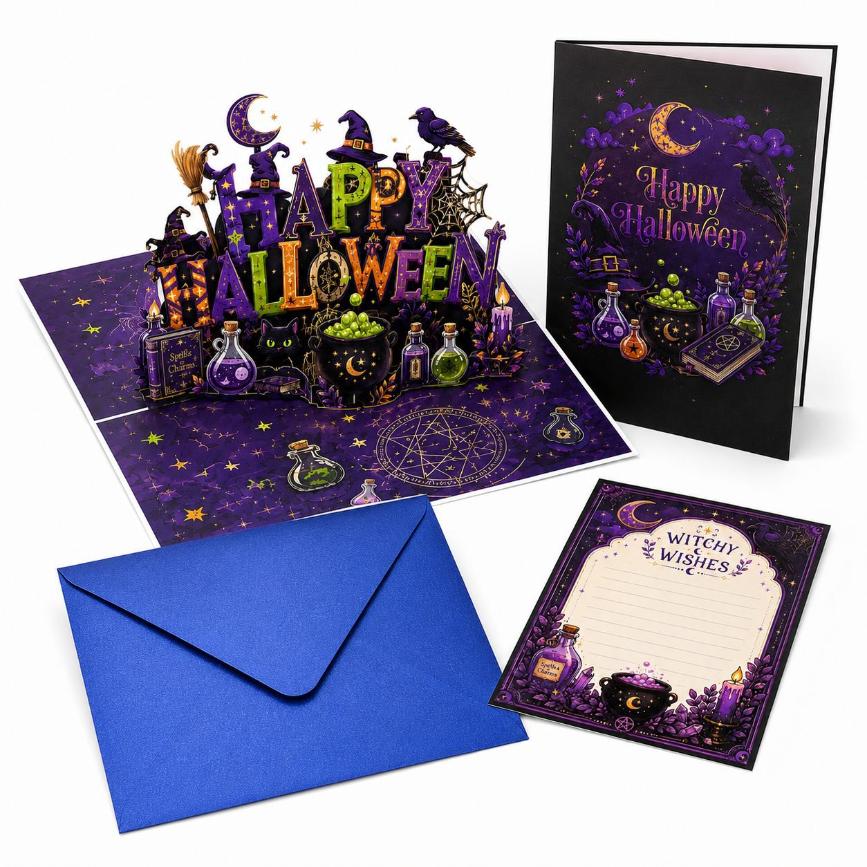 Complete Halloween pop up card set, includes 3D popup card, blue envelope and blank message note card