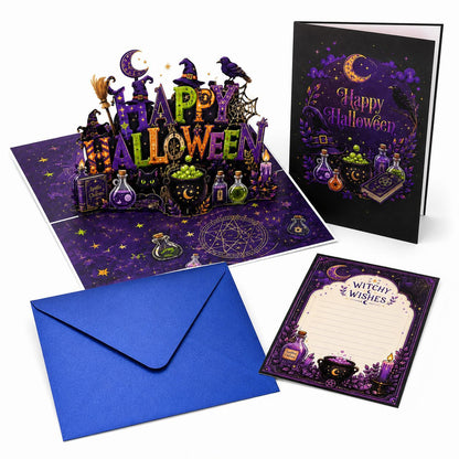 Complete Halloween pop up card set, includes 3D popup card, blue envelope and blank message note card