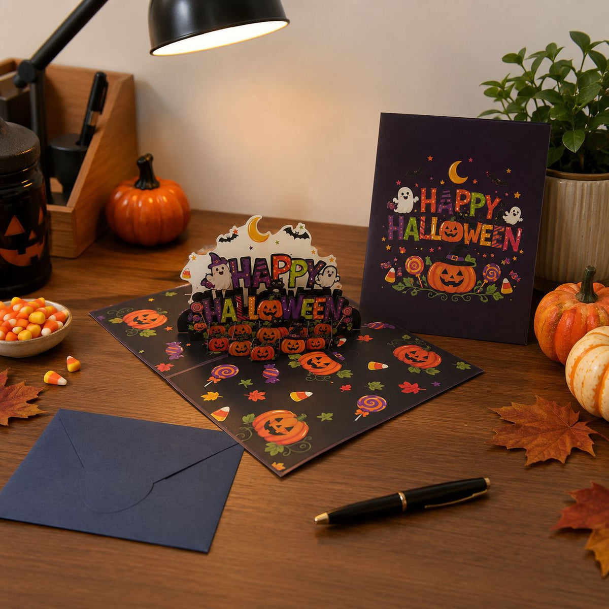 3D Halloween pop up card displayed on wooden table with pumpkins