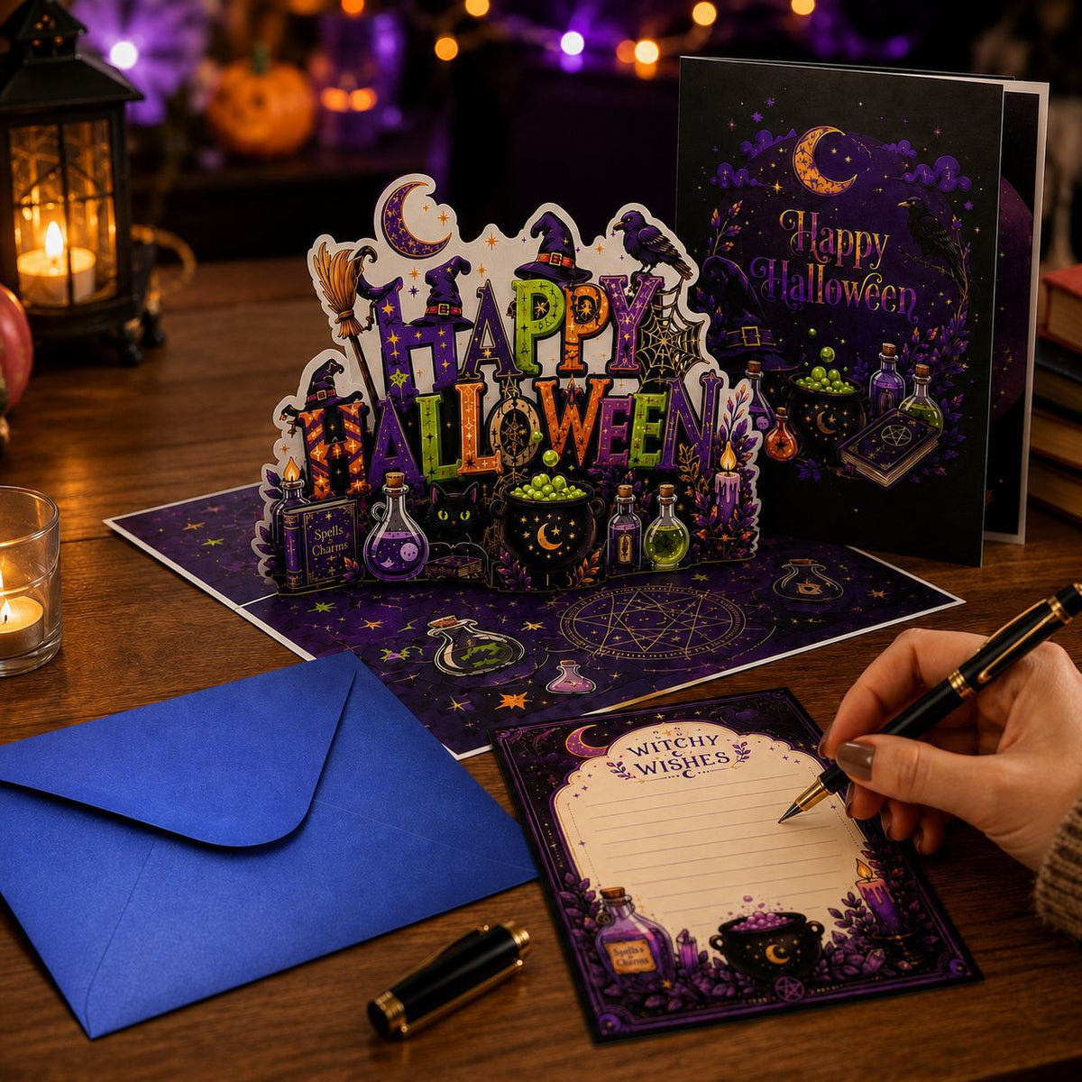 Halloween popup card set with blank message note card for writing wishes, indoor holiday scene