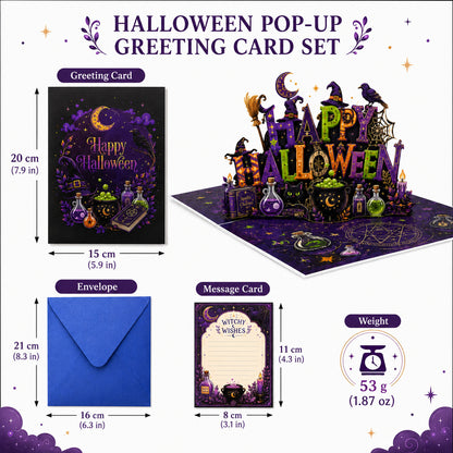 Halloween pop up greeting card set specification poster with product dimensions and packaging info