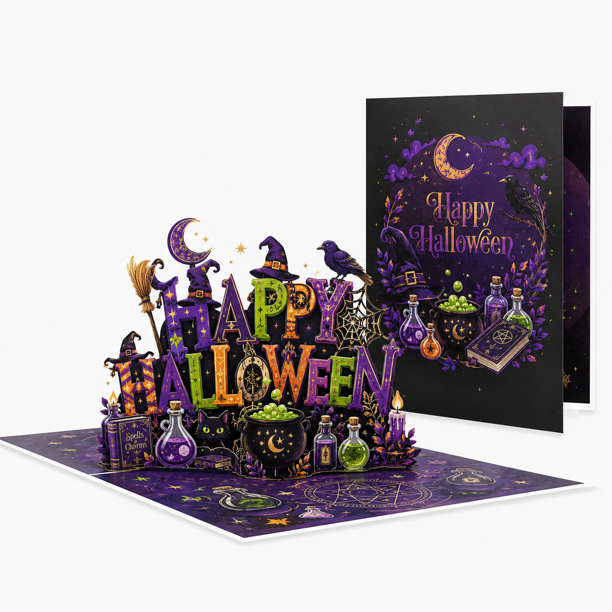 Halloween pop up greeting card, closed cover and opened 3D popup scene with witch potion design