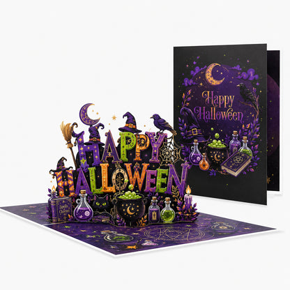 Halloween pop up greeting card, closed cover and opened 3D popup scene with witch potion design