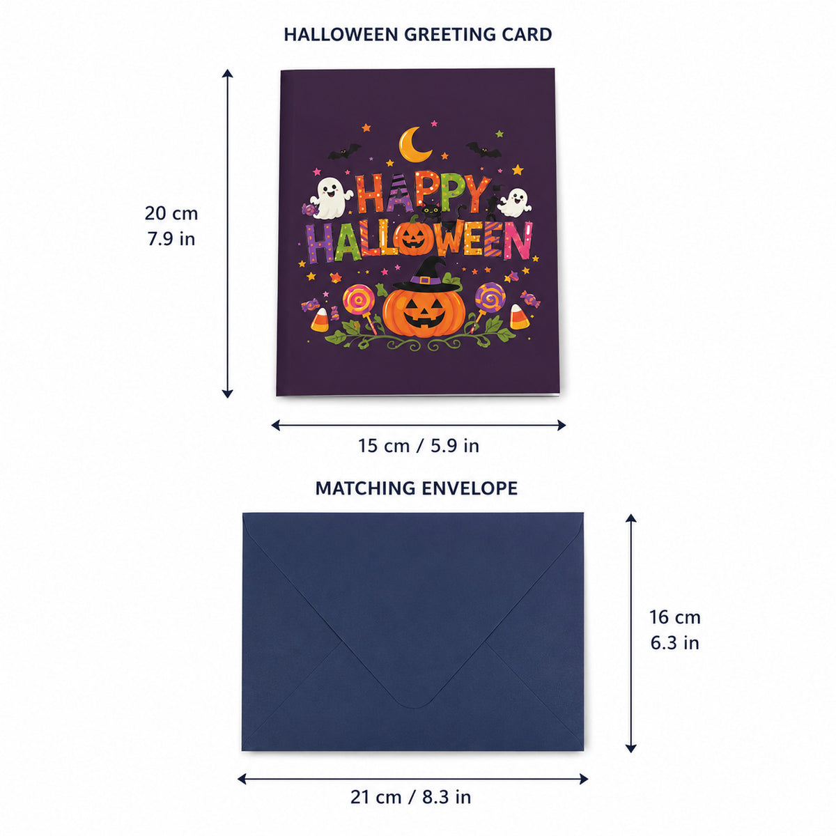 Size chart of Halloween 3D pop up greeting card and matching envelope, measurement diagram