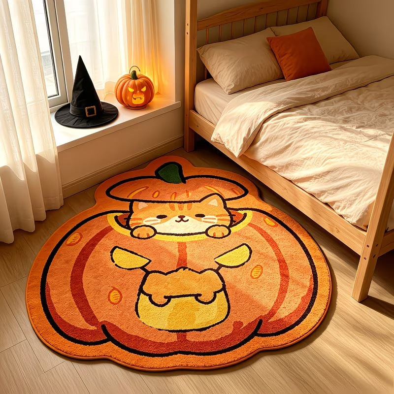 Cute orange pumpkin cat shaped faux cashmere rug, Halloween fall decorative plush mat for bedroom