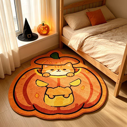 Cute orange pumpkin cat shaped faux cashmere rug, Halloween fall decorative plush mat for bedroom