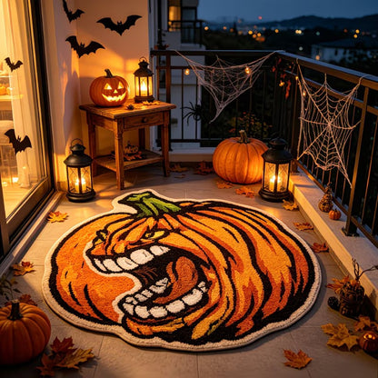 Spooky grinning jack-o'-lantern pumpkin faux cashmere rug, Halloween porch decorative floor mat
