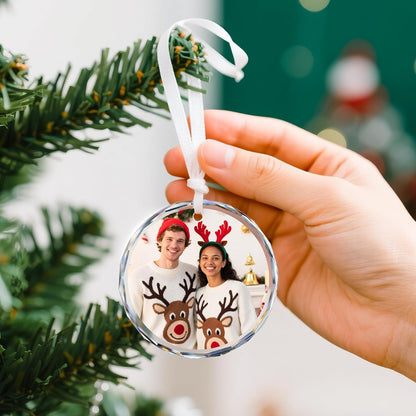 Hand held personalized small round photo Christmas acrylic ornament