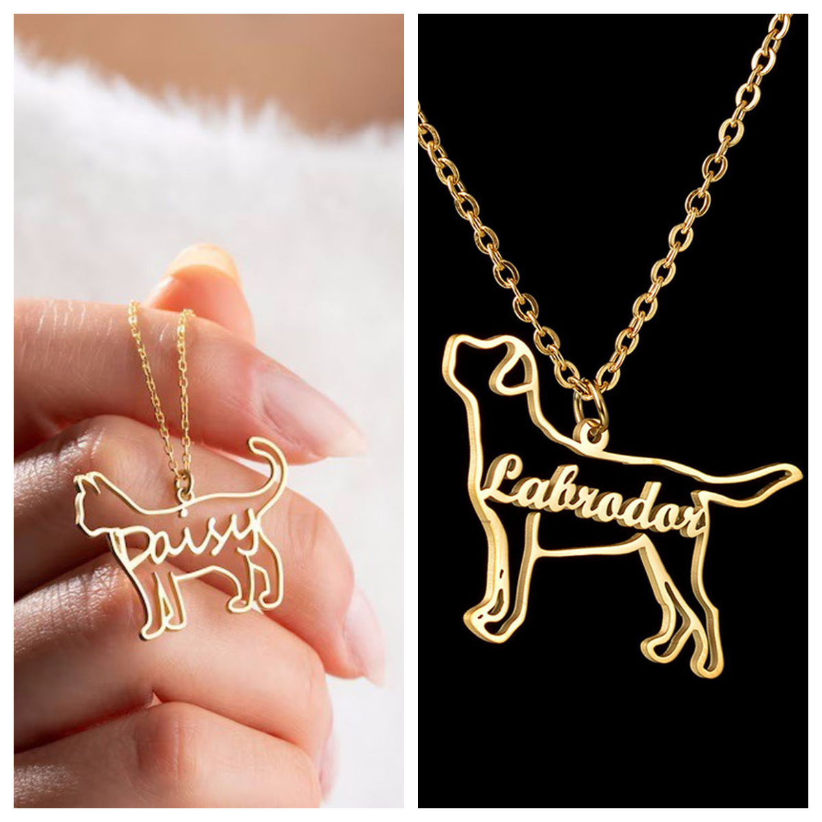 Handheld Shot Gold & Silver Custom Dog Outline Name Pendant Personalized Pet Breed Memorial Keepsake Jewelry
