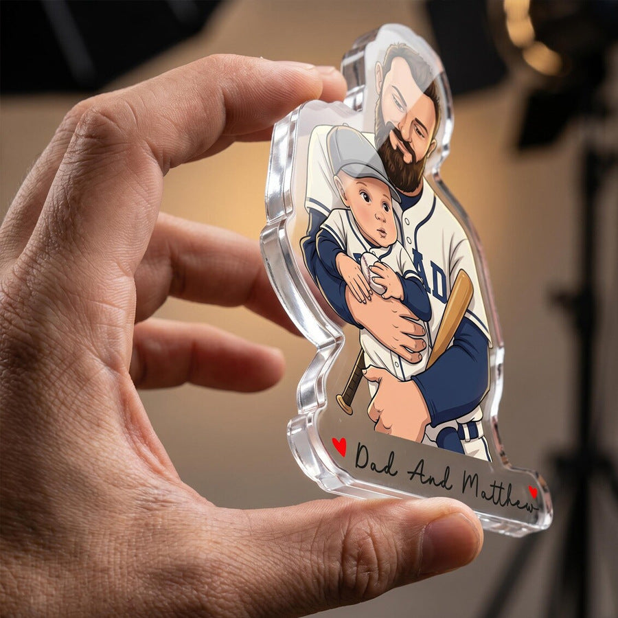 Hand holding personalized cartoon family acrylic refrigerator magnet keepsake