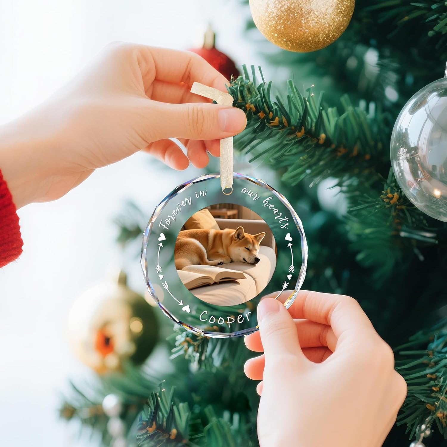 Hand holding custom pet photo ornament on Christmas tree