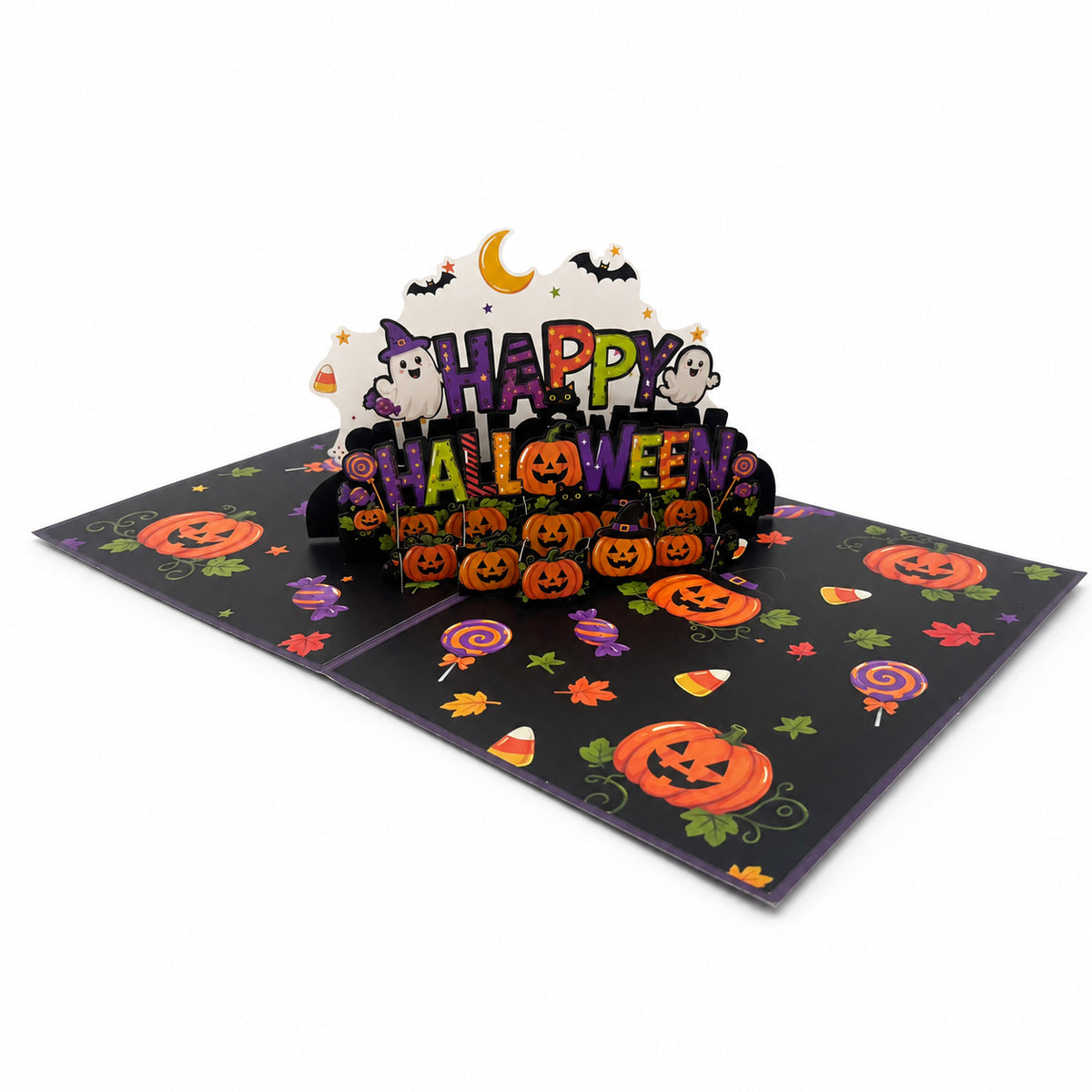 Top view Happy Halloween 3D pop up greeting card, purple Halloween popup card with pumpkin pattern base