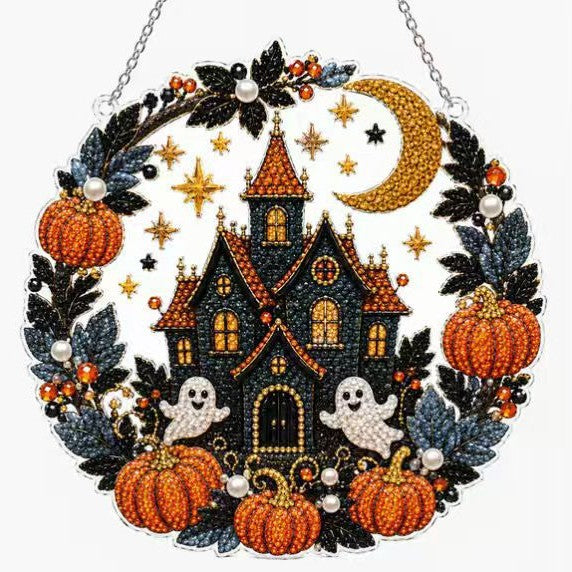 Haunted house castle diamond art wreath Halloween front door ornament