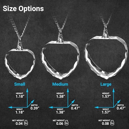 3 Sizes Heart Crystal Photo Pendant Size Chart