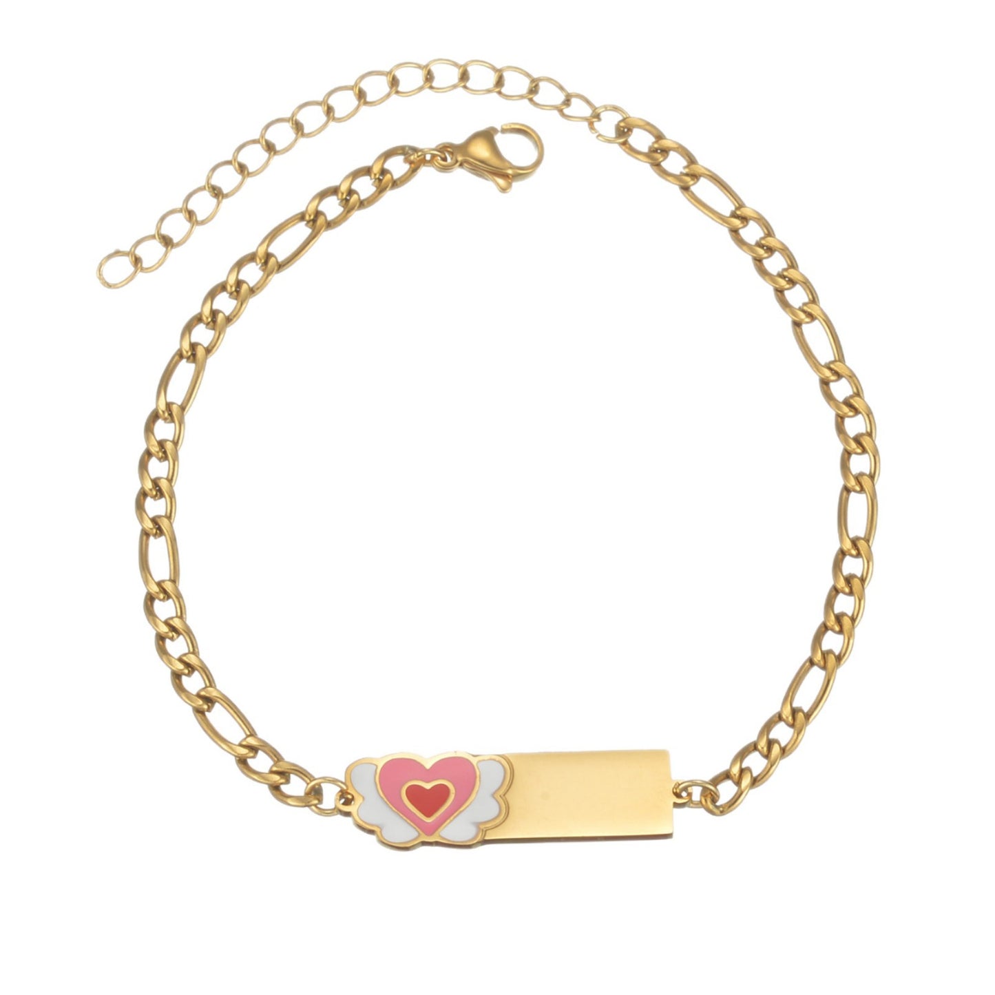 Minimal gold paperclip chain bracelet with custom engraved name bar and pink heart enamel charm, personalized daily wrist accessory