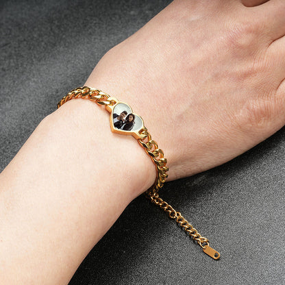 Real wear effect of gold stainless steel heart hidden memory photo bracelet on human wrist