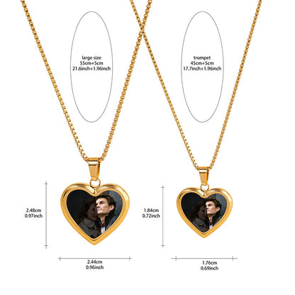 Size dimension drawing of personalized heat reveal heart photo titanium necklace with standard box chain