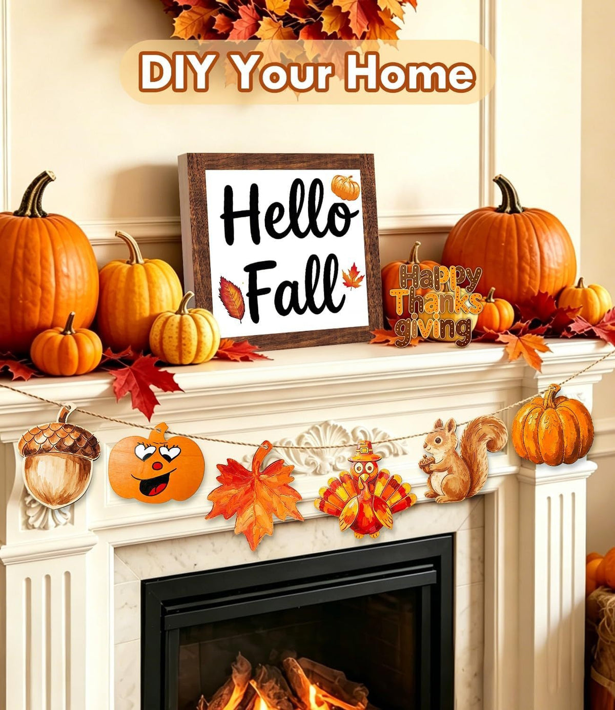 Layered wooden storage box with Hello Fall print on back, used as farmhouse tabletop sign for fall and Thanksgiving home decor