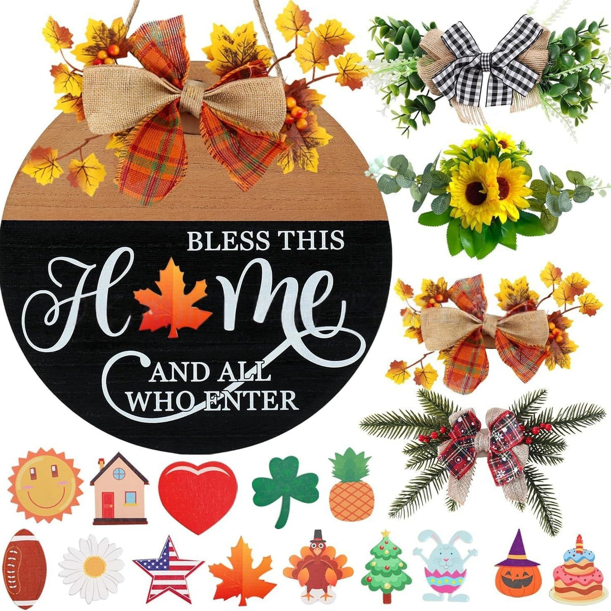 Multiple seasonal interchangeable cutouts and bow ornaments for welcome home door sign, Halloween Christmas Thanksgiving decor