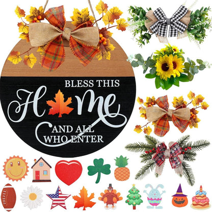 Multiple seasonal interchangeable cutouts and bow ornaments for welcome home door sign, Halloween Christmas Thanksgiving decor