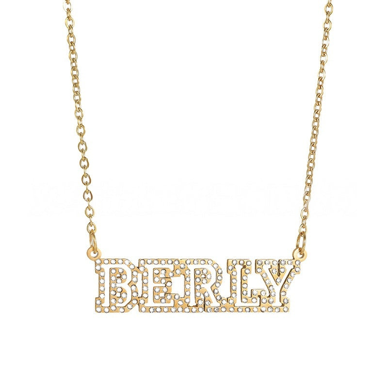 Minimal gold personalized cubic zirconia hollow nameplate necklace, custom block letter pendant thin paperclip chain