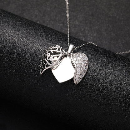 Hollow Openwork Silver Brass Angel Wing Heart Locket Necklace Blank Engraving Plate Sentimental Memorial Jewelry