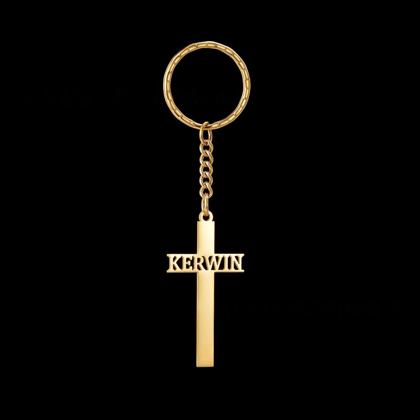 Custom gold cross keychain with horizontal engraved name, minimalist christian key ring accessory