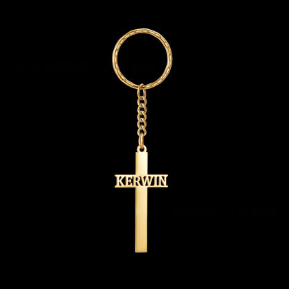 Custom gold cross keychain with horizontal engraved name, minimalist christian key ring accessory