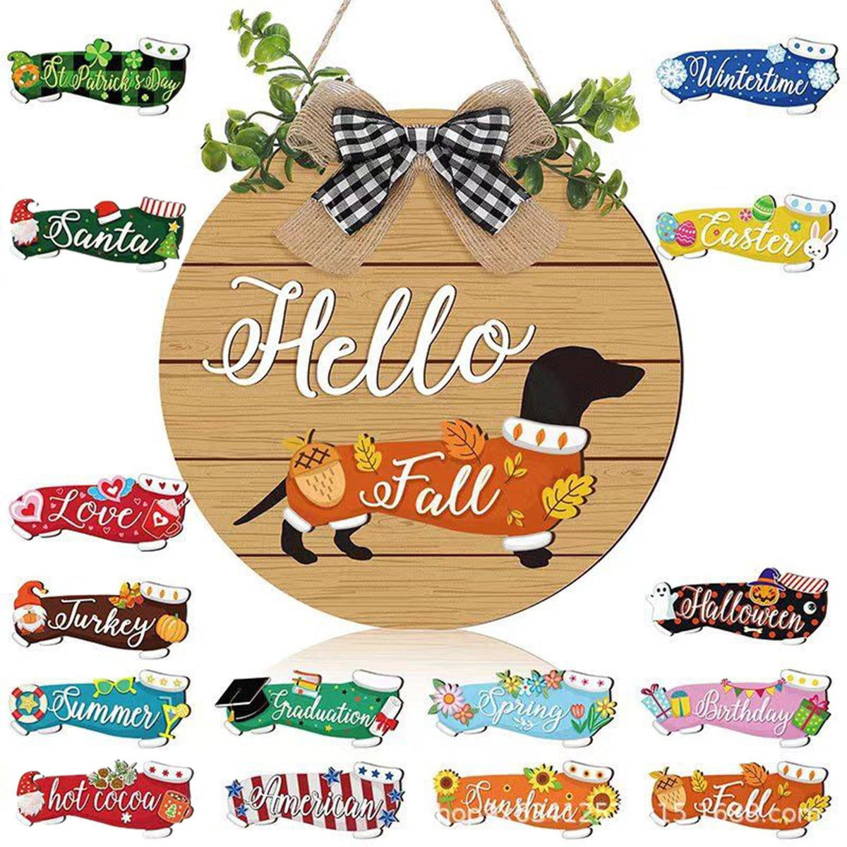 Interchangeable dachshund hello wooden front door sign with 15 seasonal wooden cutouts and 4 floral decorations, farmhouse porch hanging decor