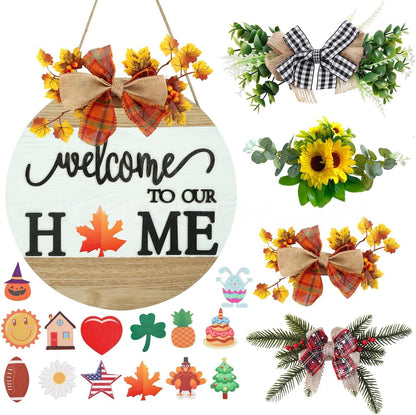 Interchangeable welcome home wooden front door sign, full set of detachable seasonal bows, sunflower florals and holiday cutouts for farmhouse porch decor