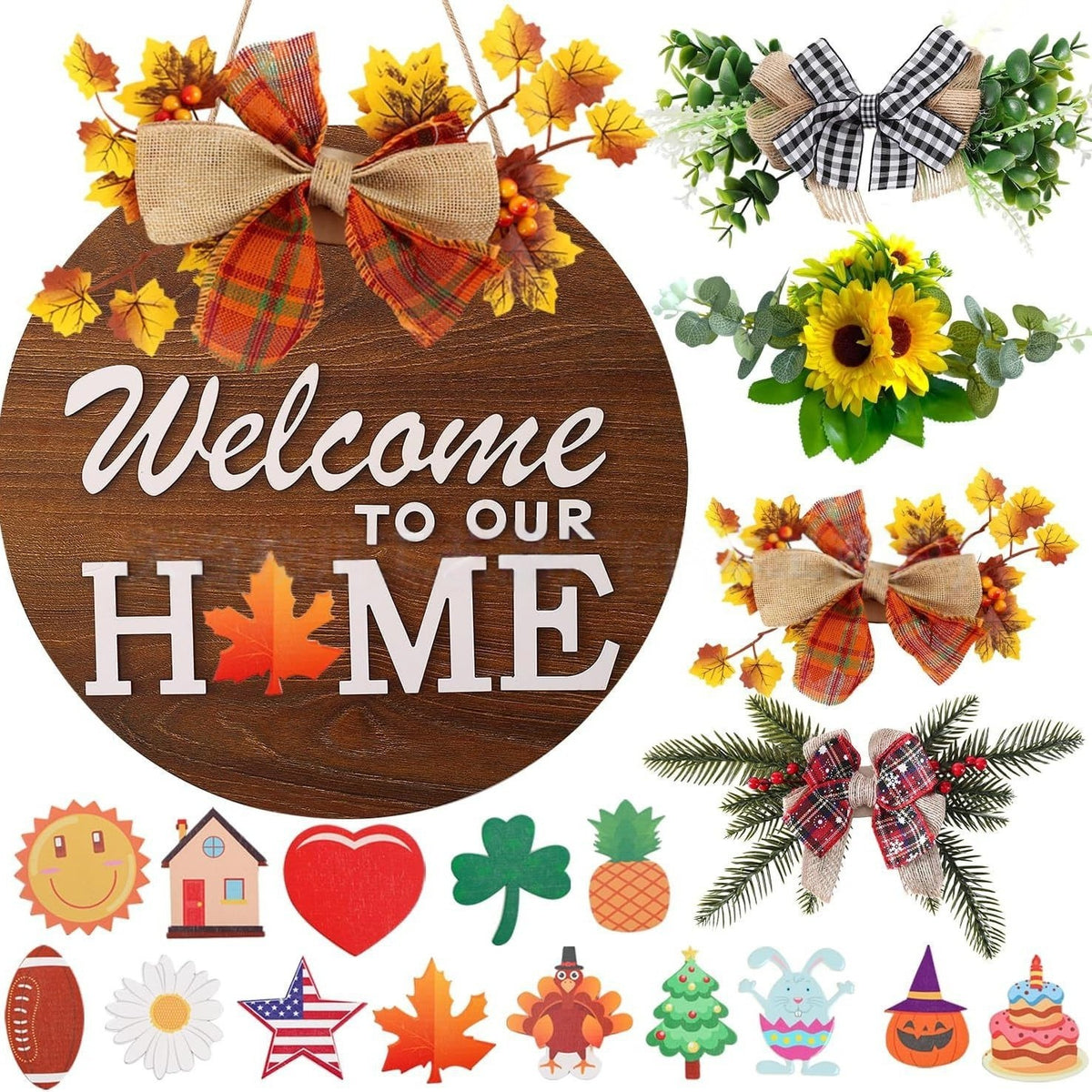 Interchangeable welcome home round wooden sign for front door, seasonal farmhouse porch decor set with detachable ornaments