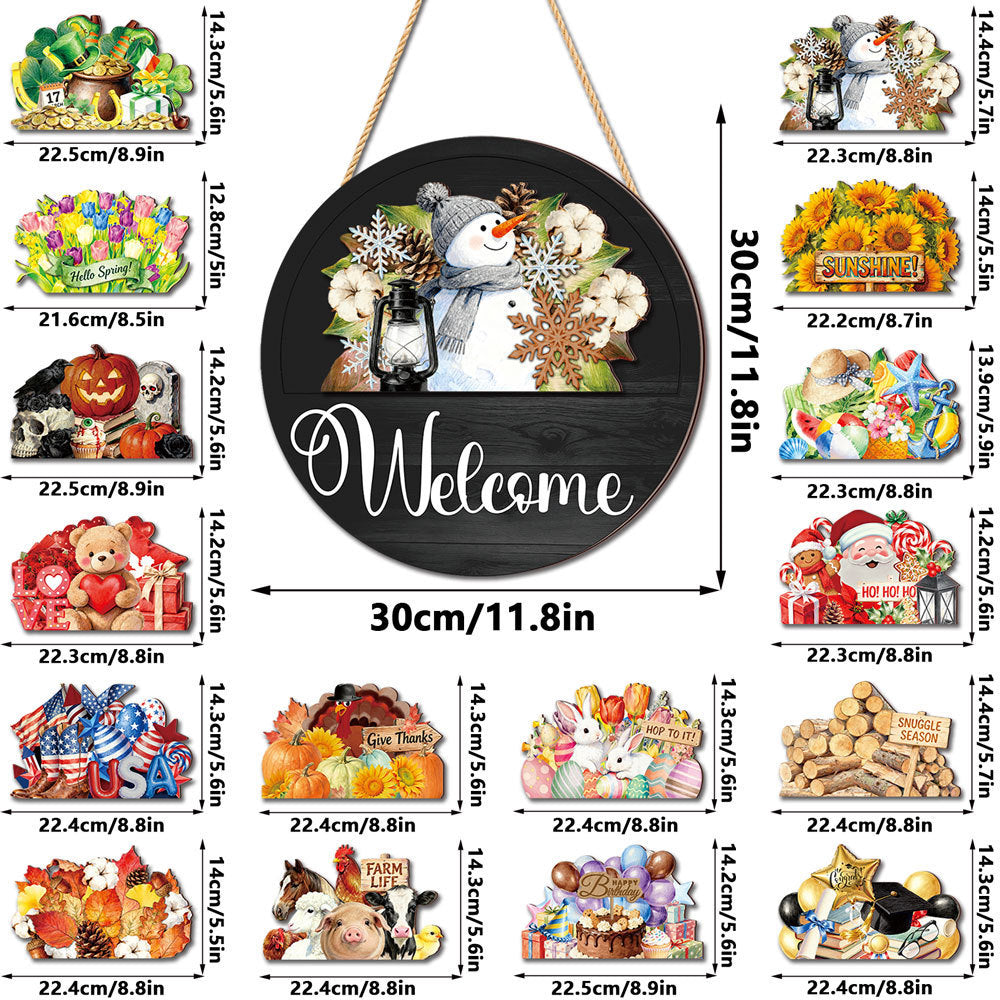 Interchangeable round wooden welcome sign with complete 14 seasonal holiday cutouts, farmhouse front door decor