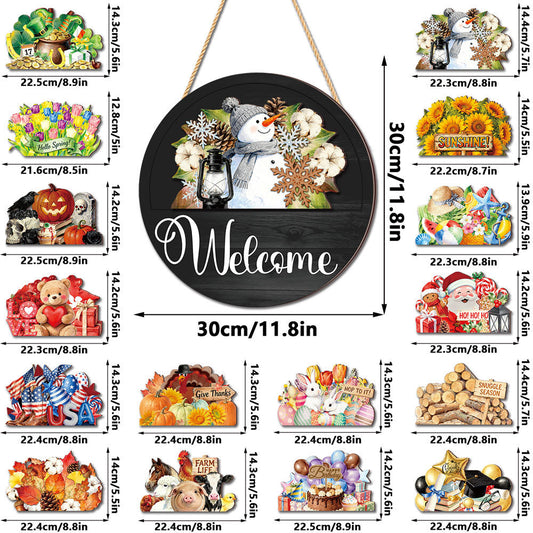 Interchangeable round wooden welcome sign with complete 14 seasonal holiday cutouts, farmhouse front door decor