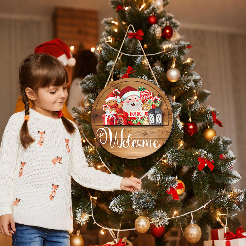 Interchangeable welcome wood sign hanging on Christmas tree, holiday home decoration display